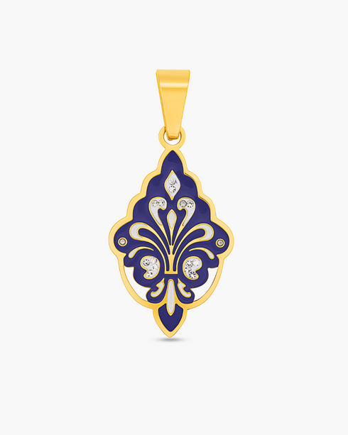 Gold and blue pendant with floral design on a white background