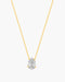 Gold necklace with a clear teardrop-shaped pendant on a white background