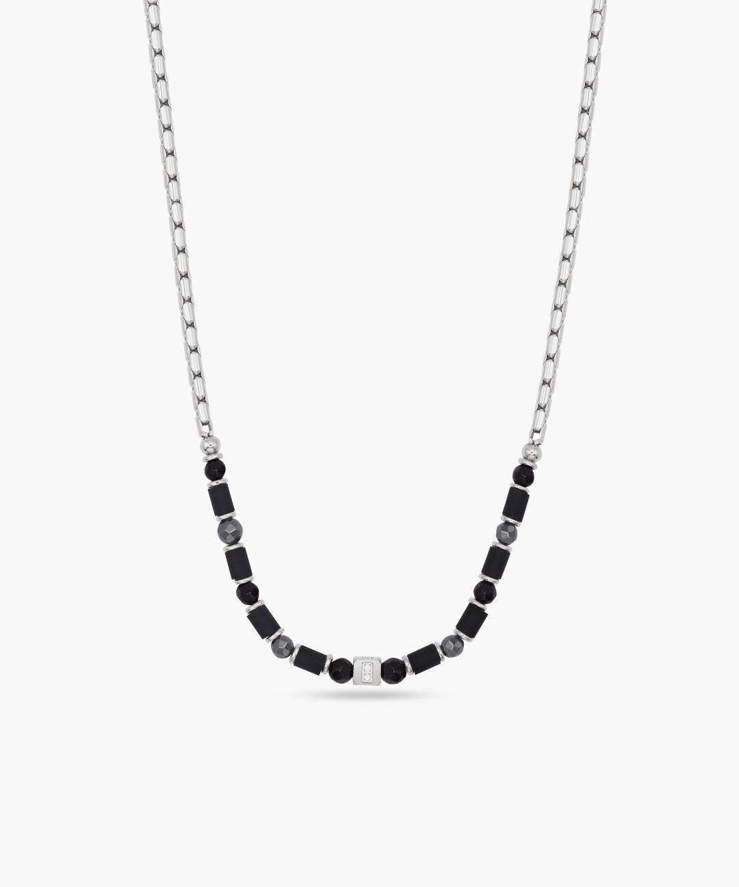 Necklace with black and gray beads on a white background