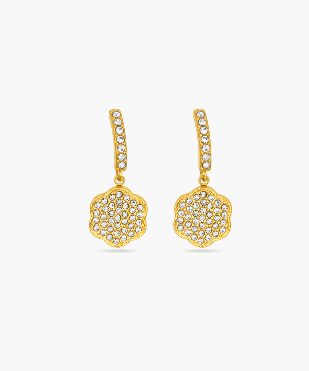Gold earrings with diamond-like stones on a white background