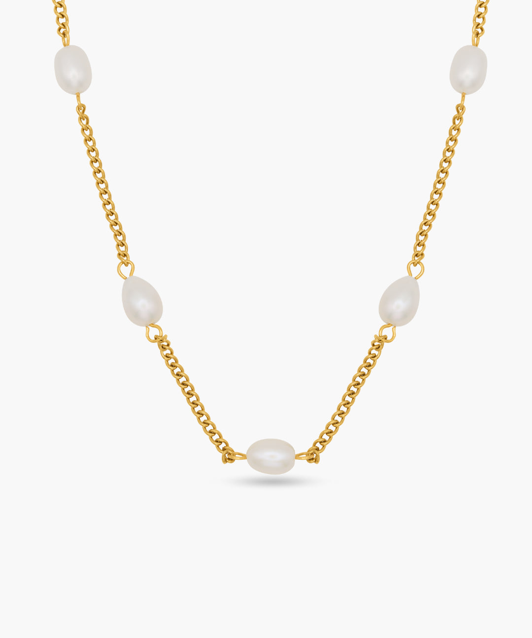Gold chain necklace with white pearls on a white background
