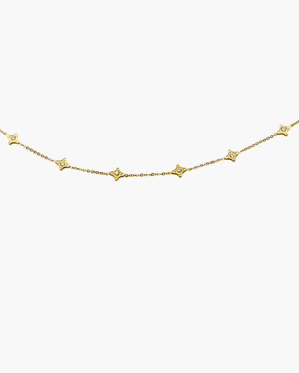 Gold necklace with star-shaped pendants on a white background