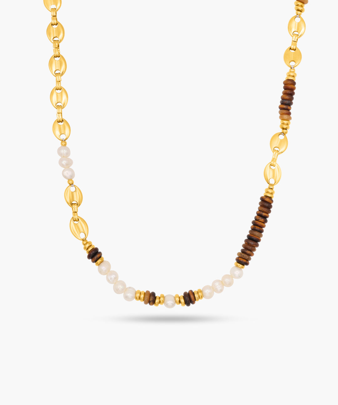 Necklace with gold, brown, and white beads on a white background